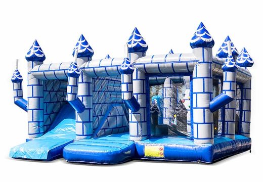 Groot opblaasbaar open blauw wit multiplay springkasteel met glijbaan kopen in thema indoor kasteel voor kinderen. Bestel springkastelen online bij JB Inflatables Nederland