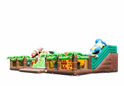 Groot opblaasbaar open speelpark springkasteel met glijbaan en spellen kopen in thema jungle world 20 meter voor kinderen. Bestel springkastelen online bij JB Inflatables Nederland 