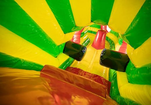 Overdekt kruiptunnel luchtkussen in thema leeuw kopen met obstakals, een klimhelling en glijhelling voor kinderen. Bestel luchtkussens online bij JB Inflatables Nederland