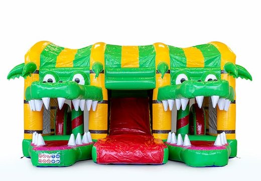 Multiplay XXL Krokodil springkasteel in een uniek design met twee ingangen, een glijbaan in het midden en 3D objecten bestellen voor kinderen. Koop springkastelen online bij JB Inflatables Nederland