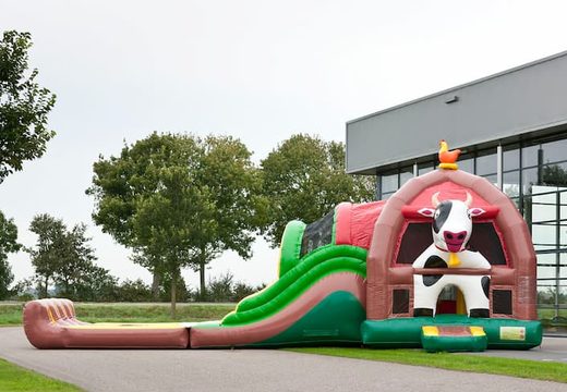 Groot opblaasbaar overdekt multiplay super luchtkussen met glijbaan kopen in thema boerderij farm voor kinderen