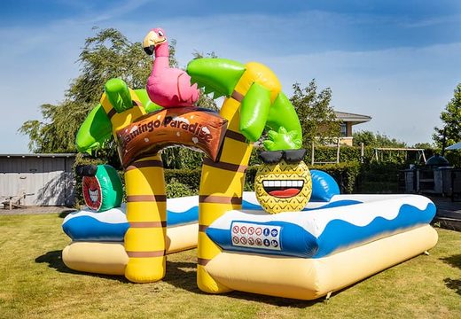 Groot opblaasbaar open bubble boarding park springkussen met schuim kopen in thema tropisch caribbean flamingo voor kinderen