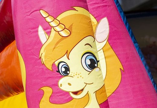 Klein overdekt multifun springkasteel kopen in thema unicorn met glijbaan voor kinderen. Koop springkastelen online bij JB Inflatables Nederland
