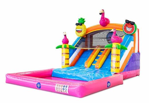 Bestel opblaasbaar multiplay springkasteel in thema flamingo met of zonder bad voor kinderen bij JB Inflatables Nederland. Koop springkastelen online bij JB Inflatables Nederland