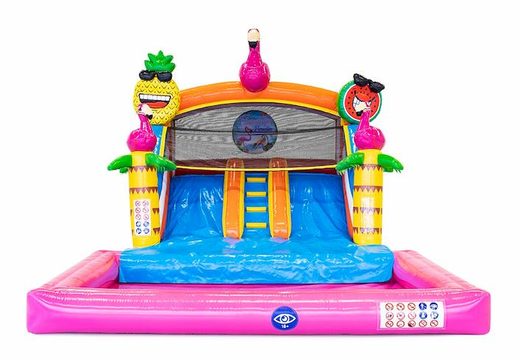 Koop opblaasbaar multiplay springkasteel in  flamingo thema met koppelbare badjes voor kinds bij JB Inflatables Nederland. Bestel springkastelen online bij JB Inflatables Nederland