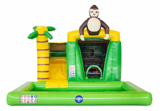 Koop opblaasbaar mini groen splash bounce springkasteel in jungle thema met bovenop 3D object van een gorilla. Bestel springkastelen online bij JB Inflatables Nederland 