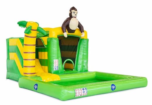 Klein groen splash bounce springkasteel in thema jungle met een 3D object van een gorilla voor kinderen kopen bij JB Inflatables Nederland