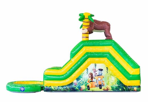 Watergelijbaan springkussen in thema jungle met een 3D object van een gorilla kopen bij JB Inflatables Nederland. Bestel springkussen online bij JB Inflatables Nederland 
