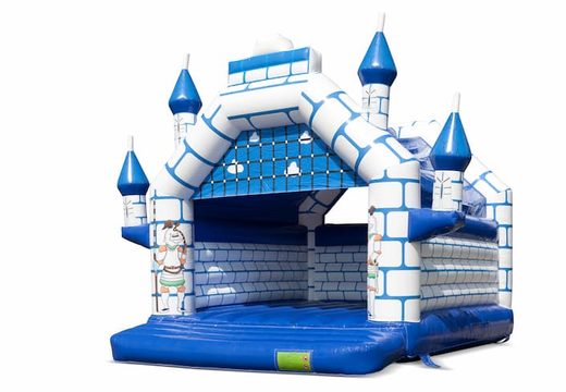 Groot overdekt blauw wit luchtkussen kopen in thema kasteel voor kinderen. Bestel luchtkussens online bij JB Inflatables Nederland