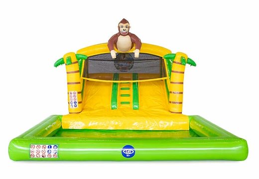 Multiplay splashy slide jungle springkasteel met bovenop een 3D object van een grote gorilla kopen voor kids bij JB Inflatables Nederland. Bestel springkastelen online bij JB Inflatables Nederland