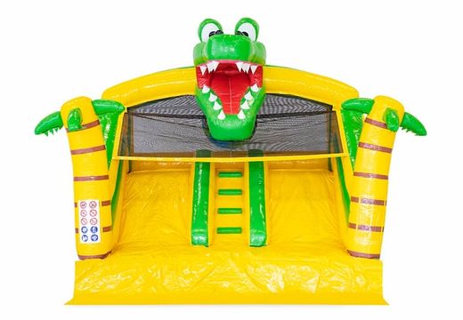 Opblaasbaar springkasteel met dubbele glijbaan en waterbadje kopen in thema krokodil voor kinderen bij JB Inflatables. Bestel springkastelen online bij JB Inflatables Nederland