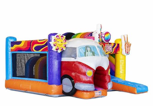 Opblaasbaar luchtkussen met glijbaan in Hippy thema met volkswagen busje bestellen voor kinderen