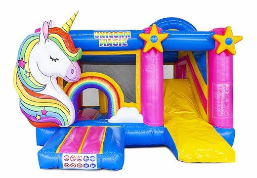 Opblaasbaar springkasteel met glijbaan in unicorn thema te koop voor kinderen