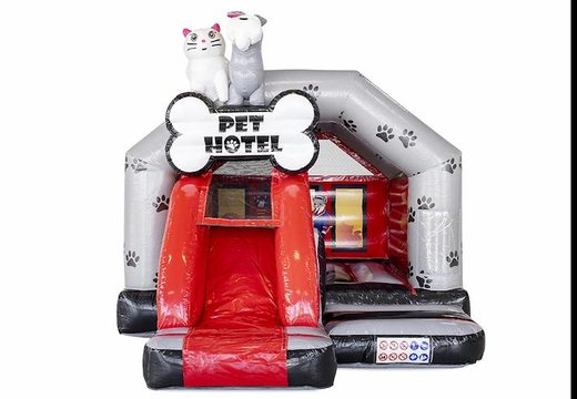 Opblaasbaar springkasteel slide combo met glijbaan in dierenhotel thema kopen voor kinderen