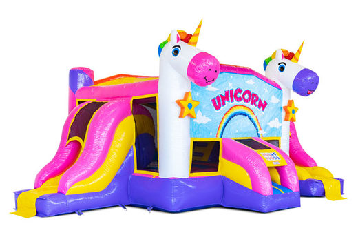 Koop opblaasbare Slide Park Combo springkussen in thema Unicorn voor kinderen. Opblaasbare springkussens met glijbaan te koop bij JB Inflatables Nederland
