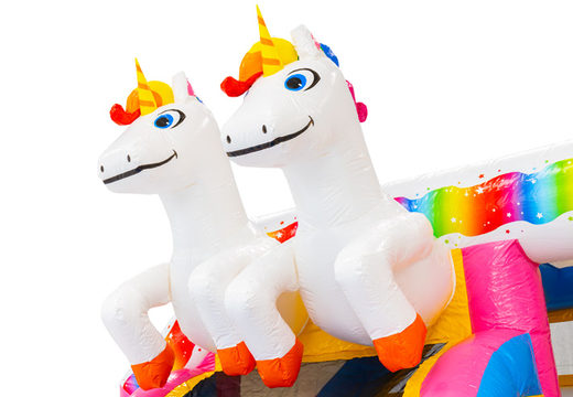 Springkussen thema unicorn met 2 3D unicorns op dak online bestellen