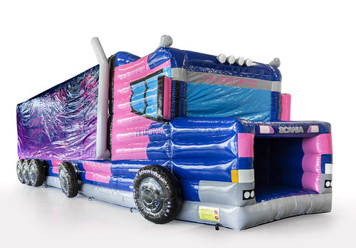 Grote opblaasbare IR Lewton stormbaan in thema truck voor zowel indoor als outdoor. Bestel opblaasbare stormbanen nu online bij JB Promotions Nederland